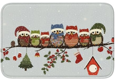IDETECTOR Fußmatte mit niedlichem Weihnachts-Eulen auf Ast, bedruckt, 101,6 x 152,4 cm, dekorative Fußmatte, waschbarer Teppich