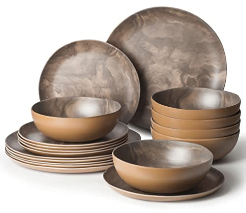 La Joventino Melamin-Geschirr-Set in Oliva-Holzoptik, Speiseteller und Schüssel-Set für 6 Personen, perfektes Picknick-Set, stilvolles und langlebiges Tafelservice, 18-teilig