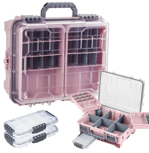 THKFISH Wasserdichter Angelkoffer, Angelköder Box, Angelwerkzeugkiste, Tragbare Angelbox mit Zwei 3500 Stowaway Boxen und herausnehmbaren Trennwänden, Tackle Box Angeln in Rosa/Blau/Grau