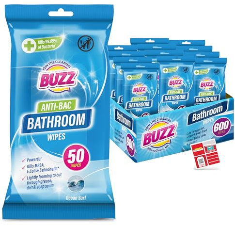 Buzz 600pk Bathroom Anti-Bac Wipes, Antibacterial Toilet Cleaning Sheets, Ultra-Strong Large Multi-Surface Cloths for Floors, Desk, Kitchen, Soap Scum Remover, Household Disinfectant