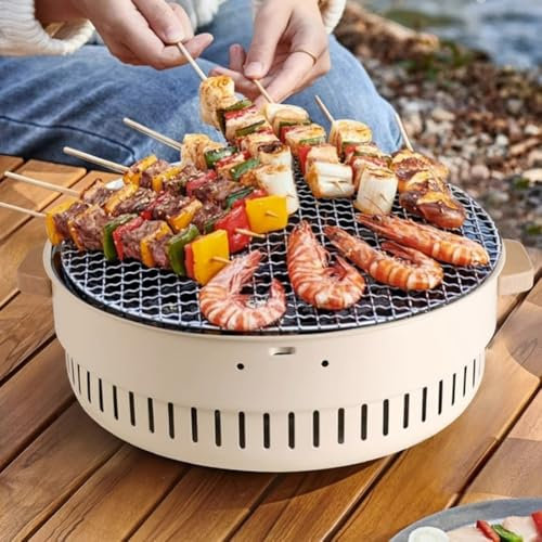 CARMOTTER Alfresco, barbecue senza fumo, bruciatore a carbone senza fumo, stufa a legna portatile, barbecue a carbone per picnic, campeggio, festival, giardino (beige)