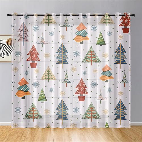 Surwin Voile Gardinen Weihnachtsbaum Drucken Vorhänge Transparent Vorhang 2er Set, Gardinen mit Ösen Weihnachten Dekoration Fenstergardinen (132x244cm,Weiß)