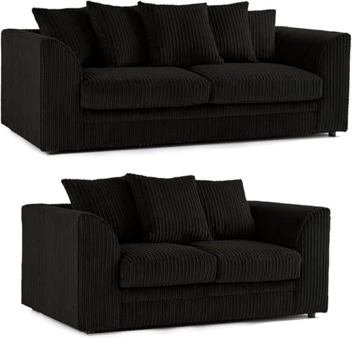 Bequemes Dylan 3-Sitzer Jumbo Cord Sofa Suite L-förmige Eckcouch Bett für Wohnzimmer Lounge Schwarz Sofaset