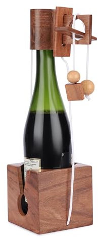 Ajuny Wooden Wine Bottle Puzzle - Challenging Brain Teaser 3D Wooden Wine Bottle Lock Holder Games for Adults for Wine Lover Rustic Coffee Table Decor