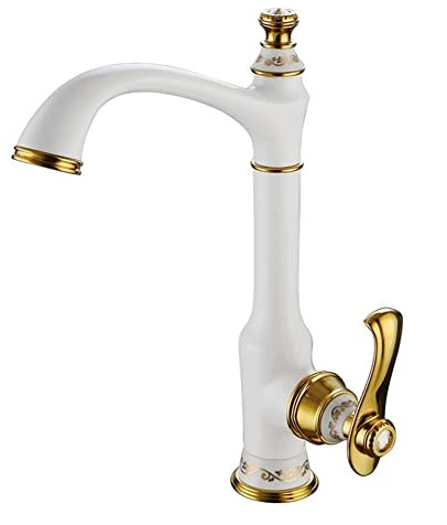 Grifo de lavabo de latón antiguo, rotación de 360 grados, grifo mezclador caliente y frío con patrón de flores doradas de metal para baño y cocina