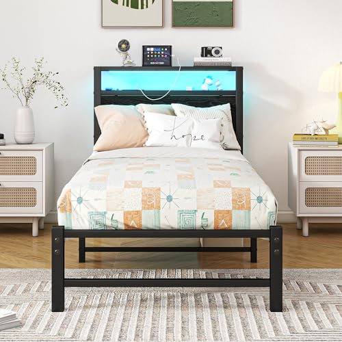 VERFARM 3ft Single Bed Frames with Wooden Storage Headboard Shelf and Charging Station/LED Lights, Heavy Duty Metal Bed Frame Single, No Box Spring Needed, Noise Free, Strong Steel Slat Support, Black