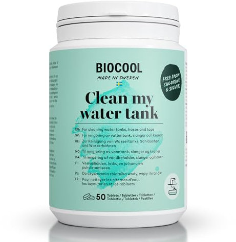 Biocool Water Tank Cleaner for Caravan, RV & Boat Tank & Hose - Sanitises, Descales, Removes Algae & Bacteria - Prevents Stale Taste & Odours - 50 Tablets enough to clean up to 200 liter water tank