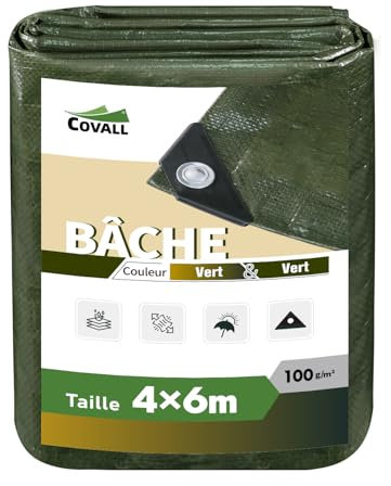 Covall Bâche de Service moyenen 4x6m Bâches Imperméable 100g/m² et résistant à la moisissure Polyvalent Résistant aux déchirures Tente UV Piscine Toit Bac à Sable Bateau Camion VR.(Vert)