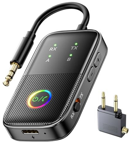 Transmetteur récepteur Bluetooth 5.2 pour TV vers 2 écouteurs sans fil Dual Link 2 en 1 sans fil Bluetooth adaptateur audio avec entrée auxiliaire 3,5 mm pour avion, PC, salle de sport,