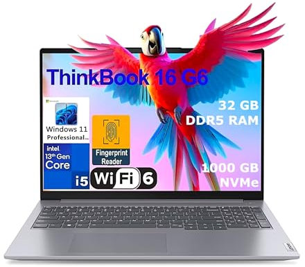 Lenovo ThinkBook 16 G6, Display 16’’ WUXGA (1920x1200) IPS, Laptop Computer, Intel i5 13th Gen, 32GB DDR5 RAM, 1TB NVMe SSD, Wi-Fi 6, Bluetooth 5.2, Lettore di Impronte Digitali, Windows 11 Pro Edu