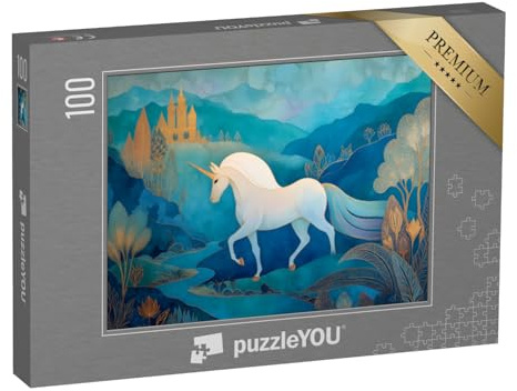 puzzleYOU: Puzzle 100 Teile „Weißes Einhorn in Einer blauen Märchenwelt“