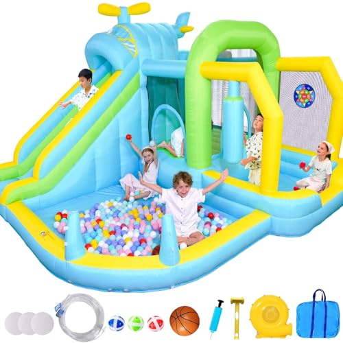 Toboggan gonflable pour enfants avec maison de jeu de boxe, support pour piscine, escalade, pistolet à eau, fléchettes, château rebondissant W/550 W souffleur pour une utilisation en intérieur et en