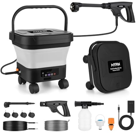 Nettoyeur haute pression portable sans fil de 660 PSI avec réservoir pliable de 10 litres, buse 6 en 1, 7 niveaux de pression réglables, tuyau de 7 m, pulvérisateur portable avec roues pour nettoyage