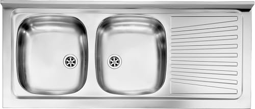 Lavello cucina acciaio inox Monica appoggio 120 x 50 cm 2 vasche stampate sinistre e gocciolatoio Made in Italy