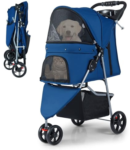 COSTWAY Hundewagen klappbar, Hundebuggy bis 15 kg, Katzenwagen 3 Rad, Haustierwagen mit Polster, verstellbarem Sonnendach, Griff, Netzfenstern & Korb, Haustierbuggy für Katzen Hunde (Blau)
