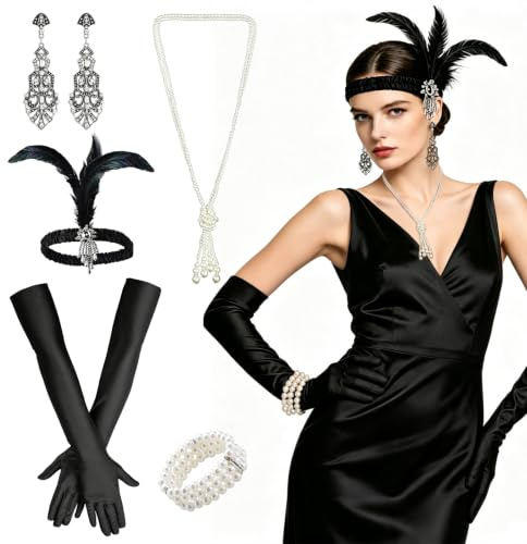 Carreuty 20er Jahre Kostüm Damen Accessoires | 5 Stück 1920er Jahre Accessoires Flapper Kleid Mode Casino Outfit für Karneval Kunststoff-Federboa Schwarz Fasching