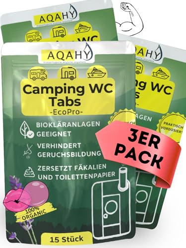 AQAHY Bio Camping Toiletten Zusatz – 45 Tabs ohne Chemie | Campingtoilette Chemie Alternative Made in DE für Chemietoilette | Entfernt Gerüche effektiv als Ersatz für Sanitärflüssigkeit