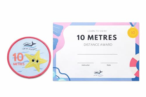 Swim School Kids Swimming Distance Award, Learn to Swim Certificate of Achievement A4 250gsm & Embroidered Fabric Badge, Children’s 10m Swimming Reward for Schools, Teams, Centres, Clubs & Instructors