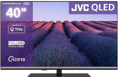 JVC LT-40VQF5655 QLED Fernseher 40 Zoll Smart TV Full HD Auflösung und HDR | powered by TiVo | 2x HDMI | 1x USB | Bluetooth | Dolby Audio | drehbarer Standfuß | Triple-Tuner DVB-C/-S2/-T2 | 2026