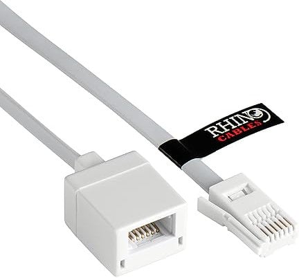 rhinocables BT Telephone Extension Cable, Male Plug to Female Socket Box Lead Wired for UK Landline Phone Cord Extension, Home and Office, Fax, Modem, White (10m)