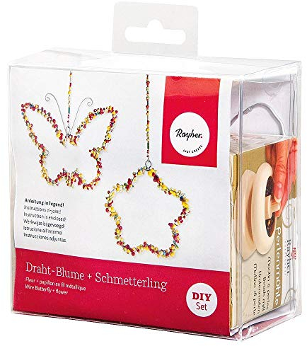 Rayher Bastelpackung Drahtformen mit Perlen, 4 Drahthänger Blume und Schmetterling, bunter Glasperlenmix, Draht, Perlenmühle, 24098000, 12 x 7 x 11.5 cm, Gemischt