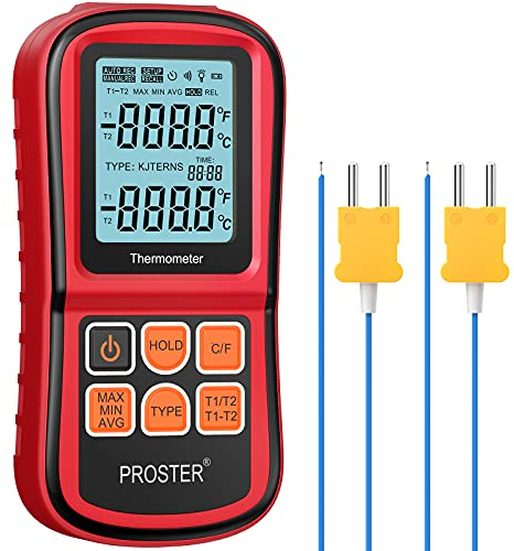 Proster Termómetro Digital de Doble Canal con Dos termómetros de Temperatura Tipo K con retroiluminación LCD para termopar K/J/T/E/R/S/N