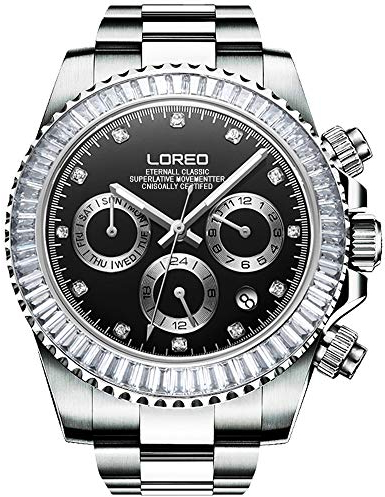 LOREO Herren-Armbanduhr, automatisch, mechanisch, multifunktional, Edelstahl, Saphirglas, schwarzes Zifferblatt, wasserdicht, Schwarzes Zifferblatt, Mechanisch