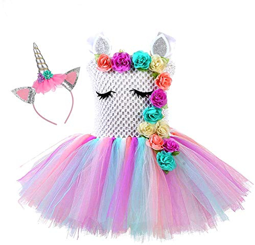 Sincere Party Robe de tutu de princesse licorne pour filles pour fête d'anniversaire de filles, Halloween, carnaval, Adorable robe de licorne pastel 6-7 ans (120cm-130cm)