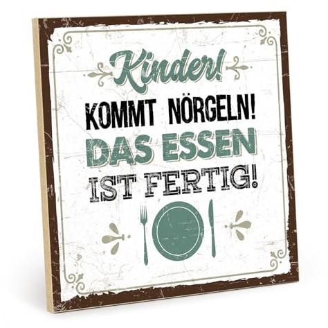 TypeStoff Holzschild mit Spruch – KINDER KOMMT NÖRGELN - ESSEN IST FERTIG – Vintage Schild als Geschenk und Dekoration - HS-00645