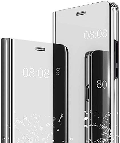NEINEI Hülle für iPhone 11 Pro 5.8”,Luxus Spiegel Flip Handyhülle,Stoßfest Ledertasche Transparent Schutzhülle mit Standfunktion,Smart Clear View Mirror Case Cover,Silber