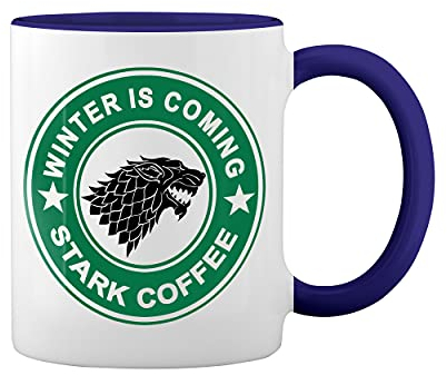 Winter is Coming Stark Weiße Tasse Mug mit blauem Felgen und Griff