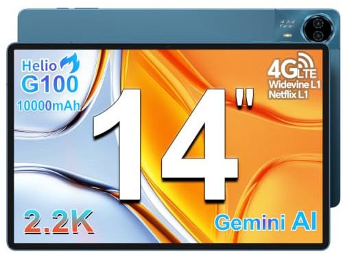 TECLAST T70 Tablet 14 Pollici 2.2K Tablets Gaming, Helio G100 2.2GHz Octa-Core, 10000mAh/18W, Dual SIM 4G LTE, 20GB RAM+128GB(TF 8TB), 2240x1400/Widevine L1/GPS/13MP/Gemini AI Android Tablet con Penna