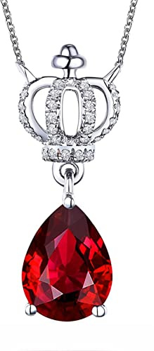 AMDXD Krone Damen Kette mit Anhänger 750 Weiß Gold 18 Karat mit Rubin 0.56ct und Diamant Goldkette Damen Echtgold Silber, Geschenke Für Frauen