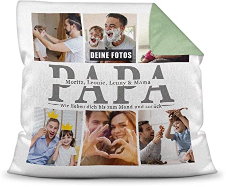 Foto-Kissen selbst gestalten - Papa wir lieben Dich - Collage mit 6 Fotos & Namen - Geschenk für den besten Papa von Kindern - inkl. Füllung, Farbkissen Rückseite Grün, 40x40 cm