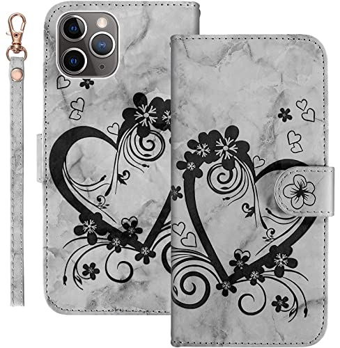 Bartern Handyhülle für Apple iPhone 11 Pro Klappbar,Herz(Liebe)+ Blumen iPhone 11 Pro Hülle,PU Leder Wallet Schutzhülle Tasche Klapphülle mit Kartenfach Magnetverschluss Standfunktion,Schwarz