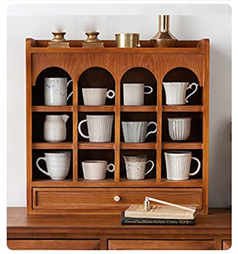 Mueble para Tazas De Café con Cajón De Almacenamiento, Estante De Gabinetes De Cocina De 3 Niveles Estante Organizador De Tazas De Agua De Estilo Japonés, Capacidad para 12 Tazas.