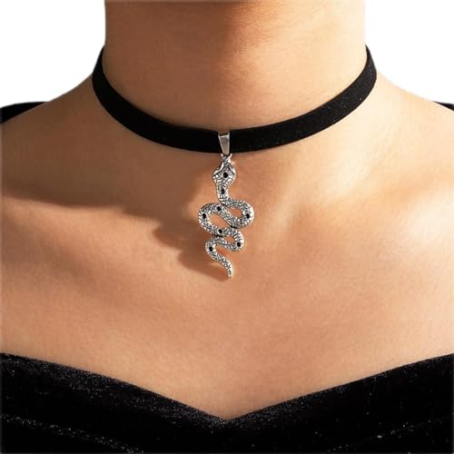 Wendalern Vintage Schwarzer Samt Choker Halskette Punk Schlange Anhänger Halskette Silber Gothic Schlange Halskette Halloween Halskette Schmuck für Frauen und Mädchen