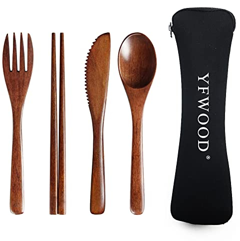 Juego de cubiertos de madera, 4 piezas de cubiertos reutilizables de estilo japonés con 1 cuchara, 1 tenedor, 1 palillo, 1 cuchillo de madera con bolsa, cubiertos de viaje para cocina, hogar, oficina