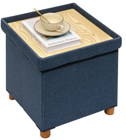 Bonlife Footstool for Living Room,Blue Ottoman Storage Box with 4 Wood Legs,Folding Ottoman Coffee Table with Storag,38x38x38cm