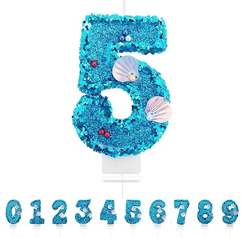 Number 5 Candle,Blue Mermaid Birthday Candles 5 for Girl,Cake Topper Number Candles Birthday Decoration for Girls Birthday Party