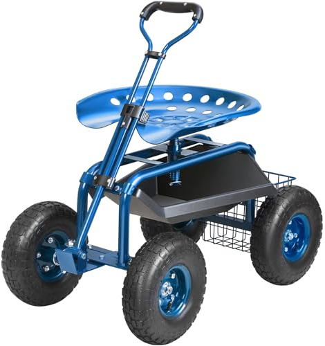 VEVOR Sedile da Giardino a Rotelle Sgabello da Giardinaggio Girevole a 360° su Ruote Gonfiabili Carrello da 25,4cm con Sedile 760x450x960 mm Manico Allungabile Vassoio Porta Attrezzi per Patio Cortile