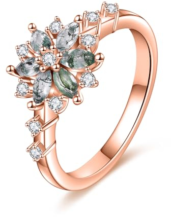 Moosachat Ring 925 Sterling Silber Verlobungsring Damen Schneeflocke Edelstein Ring Moosachat Schmuck Geschenke (Roségold, 50 (15.9))