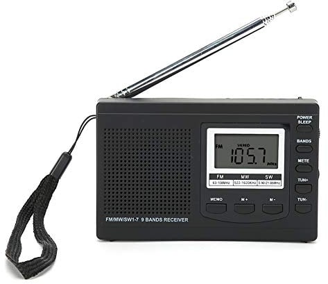 Portable Radios, Pocket Stereo FM/MW/SW World Band Portable Digital Radio Receiver Player, mit Digitalem Wecker, für Zuhause, Camping, Reisen (Black)