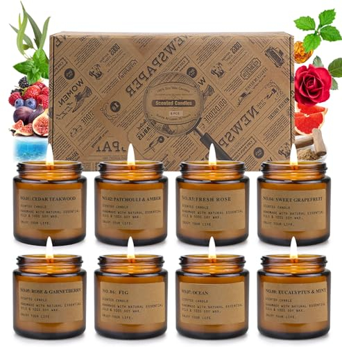 8 Candele Profumate,Confezione Regalo di Candele in Barattolo per Aromaterapia,Set di Candele Ambra,Cera di Soia Naturale,Regalo per la Festa Della Mamma e Compleanno,Regali Perfetti per le Donne