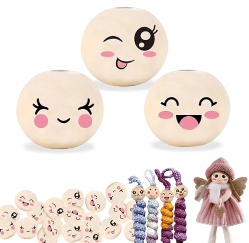 Zuzer Holzperlen mit Gesicht 30mm, 30 Stück Holzkugeln mit Gesicht für Sorgenwürmchen,Natur Holzperlen mit Loch für Handgefertigte Dekorationen Basteln Bastelperlen