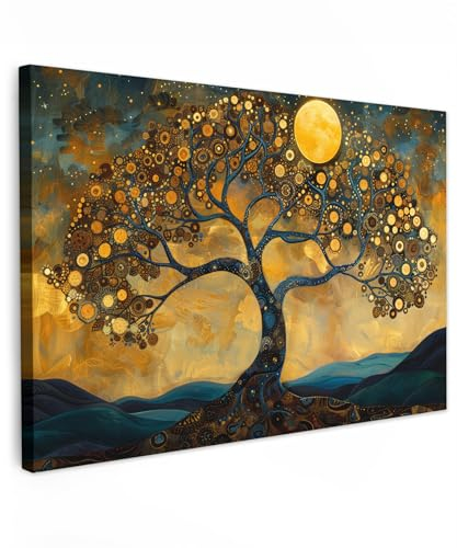 MuchoWow© Leinwand Bilder Groß 120x80 cm XXL Wanddeko Wohnzimmer Aesthetic Room Decor Deko Zimmer Wandbilder Modern Bild auf Leinwand Baum - Mond - Blumen - Gold - Kunst