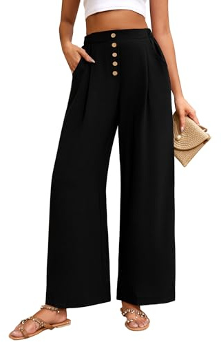 TOMEEK Pantaloni Donna Estivi Eleganti Comodi Larghi da Donna Casual Vita Alta Zampa Larga con Bottone e Tasche Leggero Fashion Gamba Spiaggia Pantaloni Baggy(Nero,S)