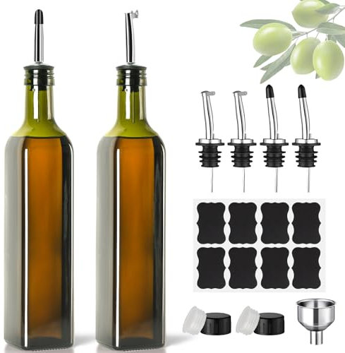 Lot de 2 bouteilles d'huile d'olive de 500 ml avec entonnoir, couvercle anti-ternissement et étiquette, bouteille en verre pour cuisine et barbecue, vert, 500 ml