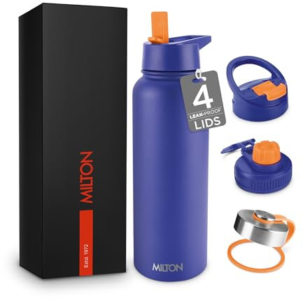 Milton Stainless Steel Water Bottle 40 Oz with Straw Lid - 4 Lids Included, Double Walled Vacuum Insulated, 12 Hour Hot, 24 Hrs Cold, Metal Bottle for Sports, Gym, Travelling, Flassio, Blue