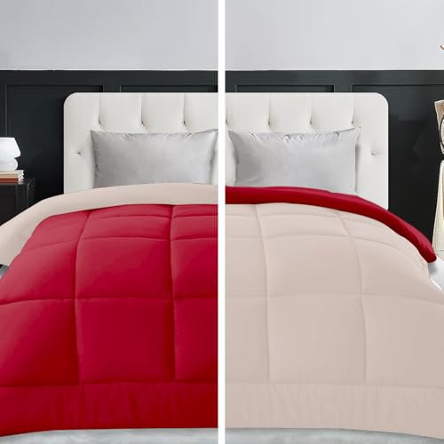 Trapunta Invernale Matrimoniale 260x260, Piumone Caldo Letto Autunno Inverno Tinta Unita Double-Face Imbottita Morbida Microfibra Modello Giuditta Quattro Stagioni Bicolore Rosso&Panna, Matrimoniale